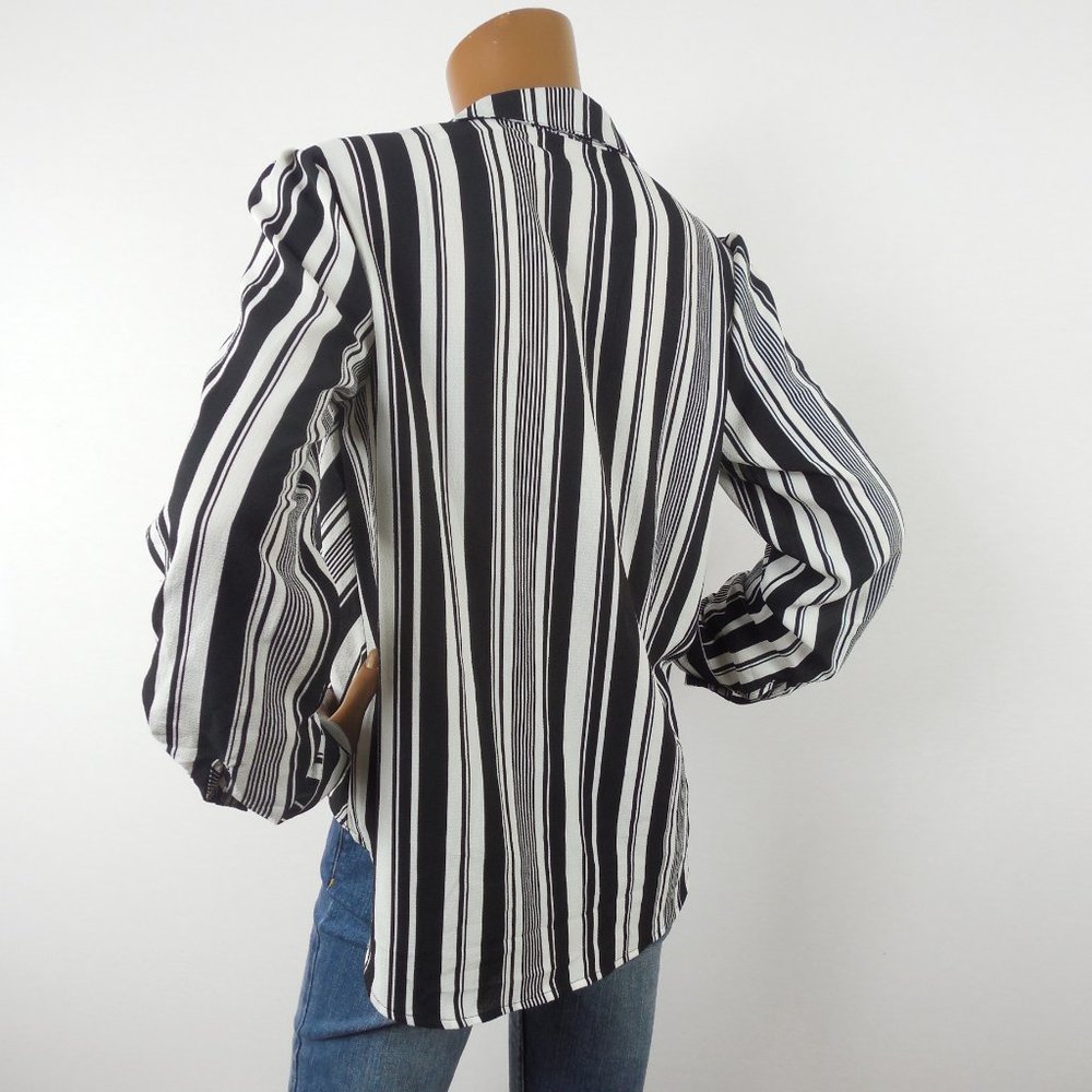 DRESSBARN Top M Black/White Striped Blouse NWT Hi/Low Stretch Roll Tab Long Slvs - Picture 8 of 11